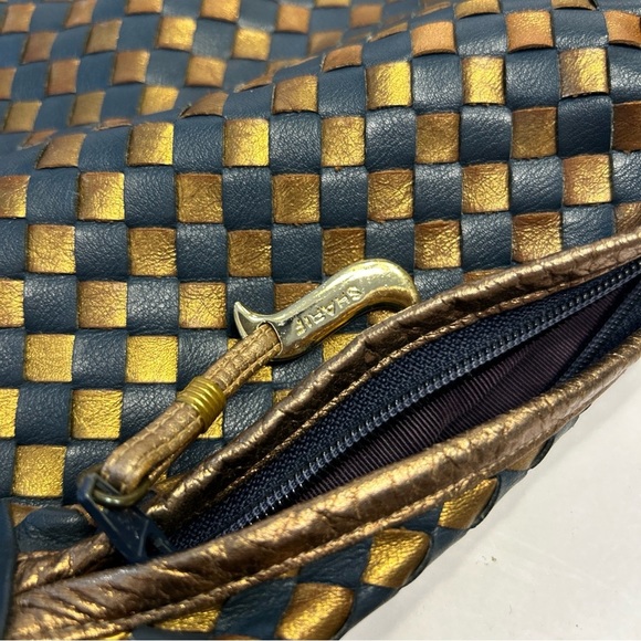 Vintage Sharif Genuine Leather Gold And Navy Woven Hobo Purse Handbag 1980s - Picture 4 of 5